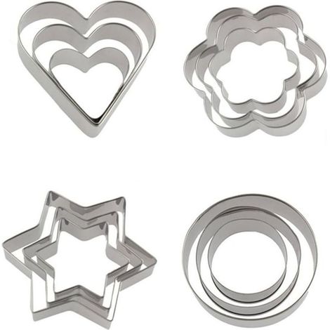 Set of 12 emporte-pieces, emporte-pieces in metal, emporte-piece in stainless steel, biscuit fondant, coeur, star, cercle, fleur- (1/5)