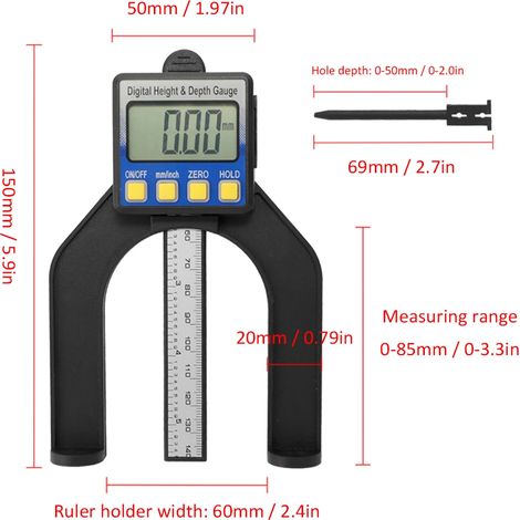 LCD-Digitalanzeige, Messschieber, Lineal, Höhen- und Tiefenmesser mit Messbereich 0–85 mm, mit Magneten