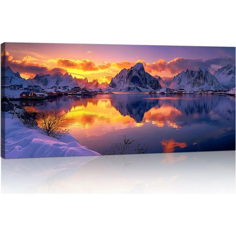 Grande Nature Paysage Tableau Murale Decoration, Cadre en Bois Coucher de Soleil Au-dessus Neige Montagnes Impression Sur Toile Peintures Sur Toile Mural Salon Tableau Decor Chambre accrocher 50x120CM (1/5)
