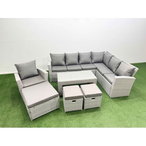 Fimous 11 Seater Garden Outdoor Rattan Furniture Set Rattan Corner Sofa Oblong Coffee Table with 3 Footstools Light Grey Mixed (1/4)