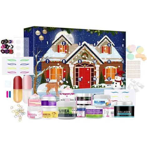 Coffret de Noël Beauté Calendrier de l’Avent Cosmétiques Boîte Surprise avec Autocollants Ongles et Crème Visage Idéal Cadeau Familial