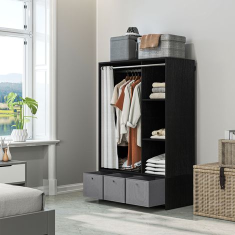 Kleiderschrank mit Gardinenstange, 3 Einlegeböden und 3 herausnehmbaren Stoffschubladen, 105 x 48 x 160 cm