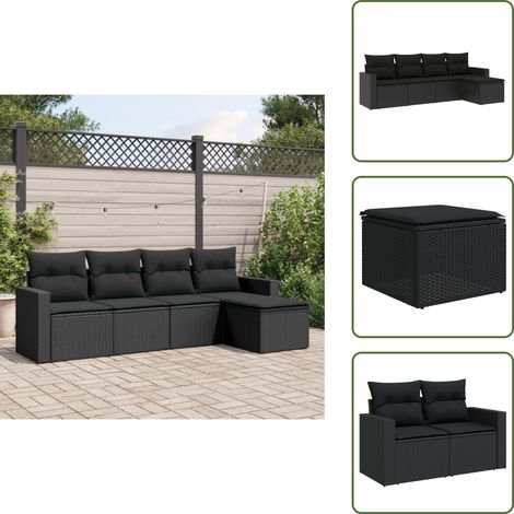 5-tlg. Garten-Sofagarnitur mit Kissen Schwarz Poly Rattan - Gartensofas - Outdoor Möbel - Gartenmöbel Set - Lounge Sofa - Rattan Gartenmöbel (1/5)