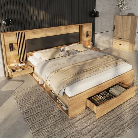 Lit 160x200 cm avec Lampe de Lecture et Tiroirs, Lit Coffre Bois 160x200 avec 2 Tables de Chevet et rangement, Cadre de en Bois, Nature (sans Matelas) (1/5)