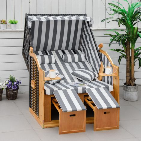 Chaise de plage avec repose-pieds, table pliante et coussins pour la nuque, mobilier d'extérieur, naturel + gris + blanc