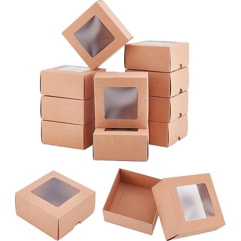 12 x Brown Kraft Paper Boxes with Transparent Window, Square Kraft Paper Gift Box, 10 x 10 x 5 cm, Suitable for Wedding Party Gifts, Jewellery Packaging (1/5)