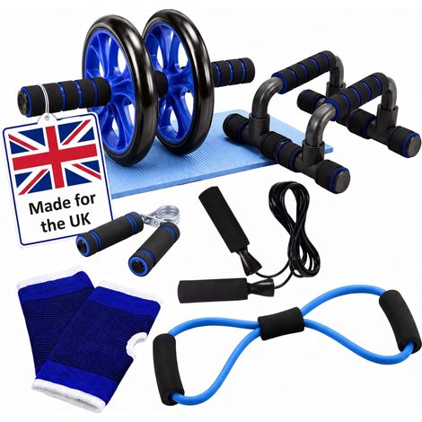 Relaxdays Fitness Set, 9-piece, ab wheel, push-up bars, hand gripper, skipping rope, resistance band, knee mat, blue