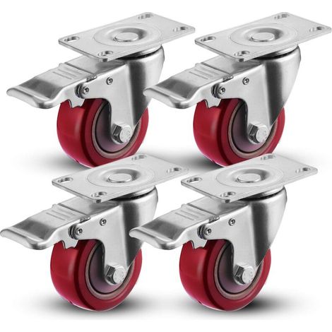 Set of 4 Swivel Casters for Furniture, Casters with Brakes, 75 mm, Red (1/5)