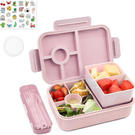 Lunch Box 1300ML 3PCS, Anti-Fuite Lunchbox Bento Box avec 5+2 Compartiments Boîtes Bento avec Couverts, Boîte à Déjeuner en Plastique Adulte Enfant Pour, Pique-Niques Travail École,Rose (1/5)