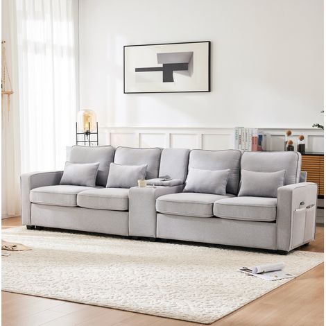 Sofá 4 plazas 290x83x88 cm gris en lino con consola, 2 portavasos, USB y cojines lumbares (1/5)