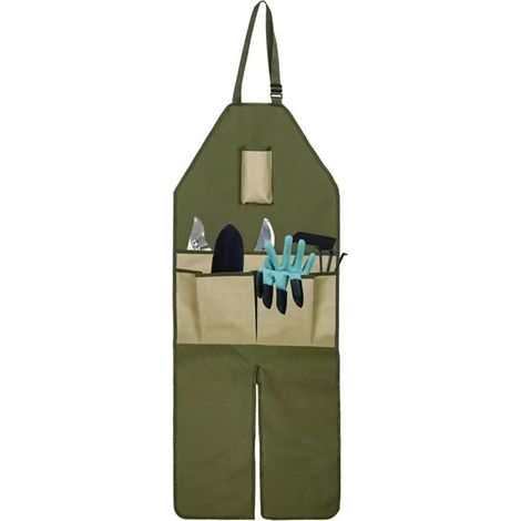 Tablier de jardinage en tissu Oxford 600D imperméable, long et ajustable, avec protection des jambes et multiples poches pour la cueillette et la taille, idéal pour les travaux extérieurs. Vert avec p (1/5)