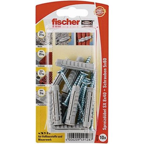 Fischer 10x Tassello SX 8x40 S con vite - 49128 Fine serie