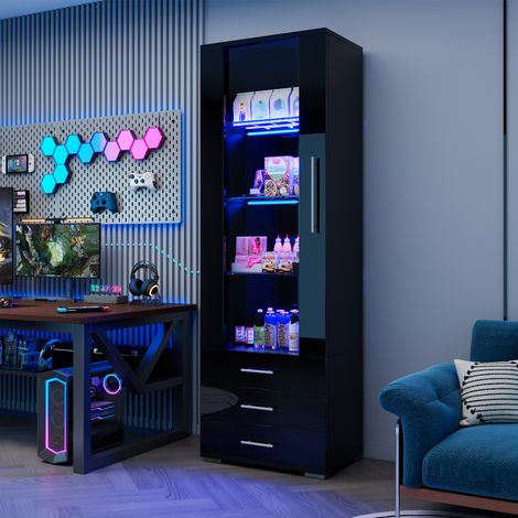 Vitrine Noire LED avec 1 Porte en Acrylique et 3 Tiroirs, Meuble Vitrine Verre Trempé Haute Brillance pour Collection et Salon, 60x35x180cm