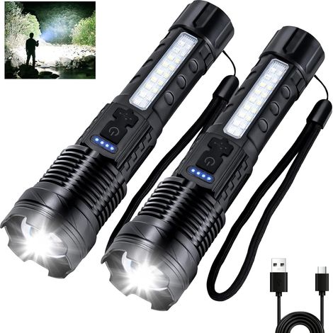 Torce ad alta luminosità, ricaricabili, confezione da 2, torcia a LED alimentata a batteria, 7 modalità, luce laterale COB, USB-C, zoomabile, impermeabile per emergenze (1/5)