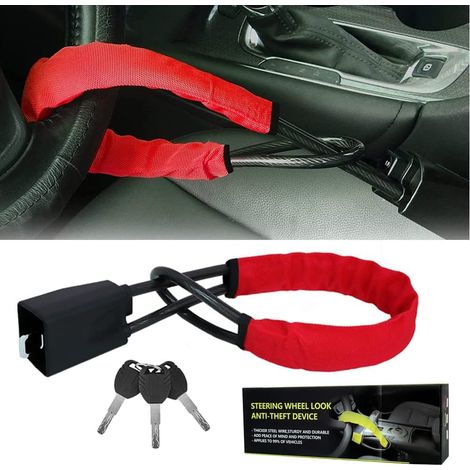 Verrou de ceinture de sécurité antivol pour volant de voiture avec 2 clés, universel, compatible avec la plupart des voitures, camions, SUV, camionnettes (rouge)