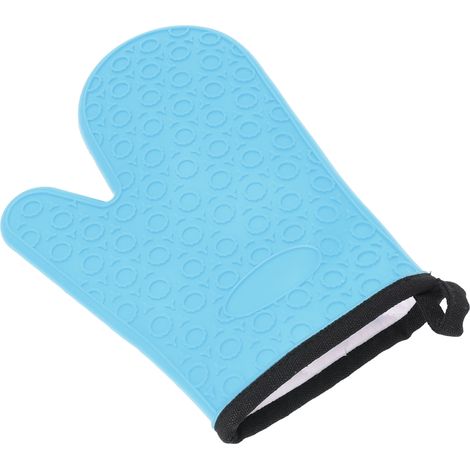 Gant de cuisine en silicone résistant aux hautes températures, imperméable et antidérapant, avec doublure en coton bleu (1/5)