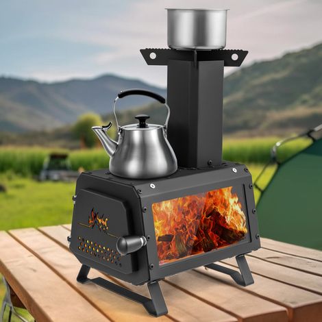 Poêle à bois portable en acier au carbone avec fenêtre vitrocéramique et 2 positions de cuisson pour camping, pêche et randonnée (1/5)