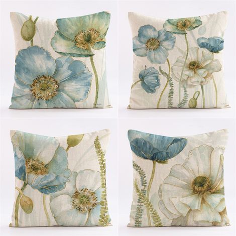 Ensemble de 4 housses de coussin, 45 x 45 cm, motif fleurs bleues, housses décoratives pour canapé, chambre, fauteuil, lit, jardin (1/5)
