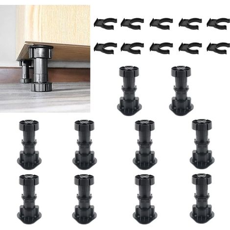 Set mit 10 verstellbaren Möbelfüßen, 100–120 mm, schwarze Kunststofffüße mit 10 Clips für Fußleisten, verstellbare Tischfüße für Möbel, Schränke, Küche und Sofa