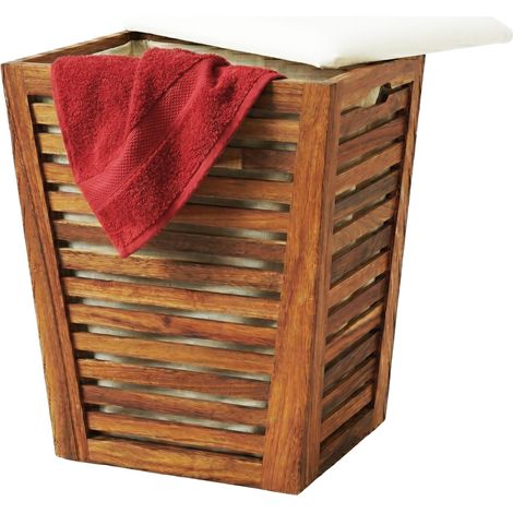 Relaxdays Wäschekorb mit Sitz, Badbank mit Stauraum, 50 l Wäschesammler, HBT 56x40x40 cm, Akazienholz, Stoff, braun/weiß (1/5)