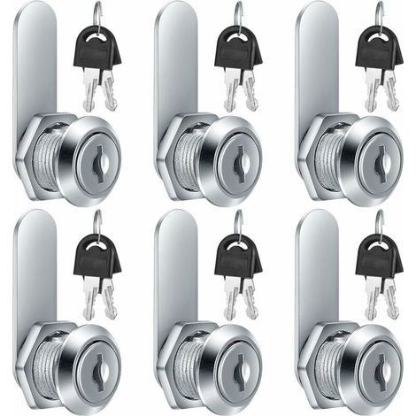 Lot de 6 serrures à came cylindriques, serrure de porte de meuble de 16 mm, serrure de boîte aux lettres, serrure de tiroir de bureau, pour tiroirs et placards fermés. (1/5)