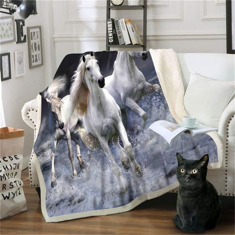3D-Sherpa-Winterdecke, dicke und weiche Mikrofaser, weißes Pferdemuster, geeignet für Schlafsofa/Wohnzimmer, Maße 150 x 200 cm