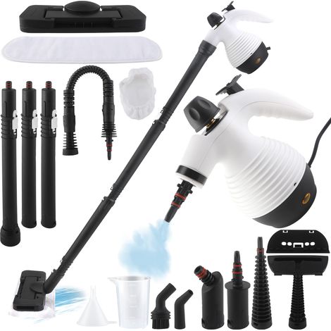 Ele vem com um limpador a vapor portátil destacável e 16 acessórios para limpar pisos, sofás e muito mais. (1/5)