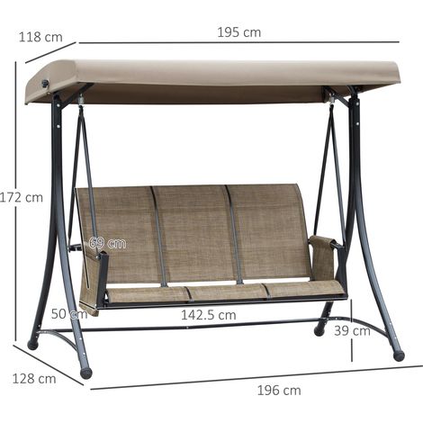 Balancelle Hollywood 3 places avec poche latérale et pare-soleil réglable, supportant jusqu'à 300 kg, idéale pour le jardin ou la terrasse. Dimensions : 196 x 128 x 172 cm. Couleur : marron. (1/5)