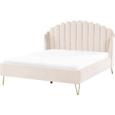 Cama con somier de terciopelo 160 x 200 cm cabecero beige Ambillou