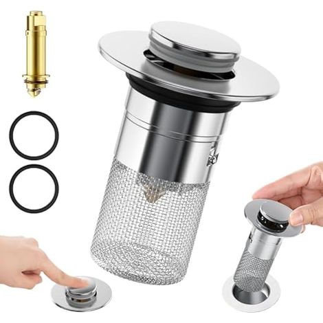 Bouchon de lavabo Pop Up avec tamis 34-40 mm - En acier inoxydable - Pour bonde de lavabo - Accessoire Salle de Bain - 1 pièce (1/4)