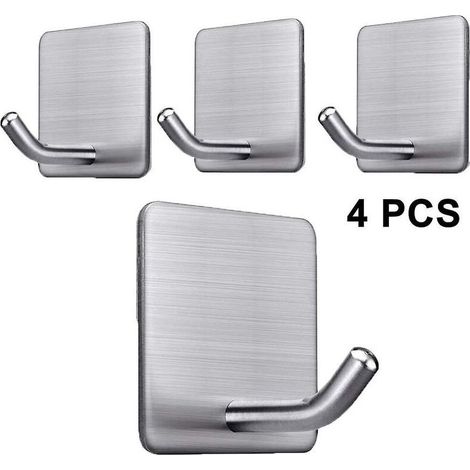 Patère de salle de bain Lot de 4 crochets adhésifs très résistants à coller sur le mur Porte Armoire Porte-serviettes en acier inoxydable Crochets à vêtements Supports auto-adhésifs pour suspendr (1/5)