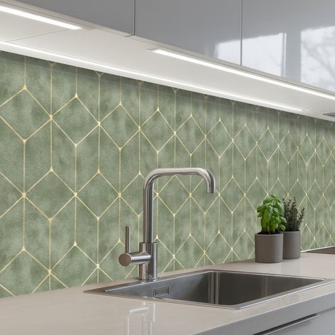 REVETEMENT MURAL DE CUISINE, CRÉDENCE DE CUISINE Subtil - Géométrique - Or - Vert 500x60 cm