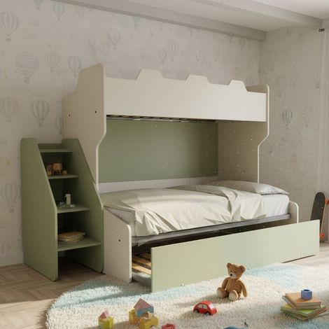 Letto a castello 3 posti con terzo letto estraibile e scaletta contenitore - Una piazza e mezza - Ecru e Salvia