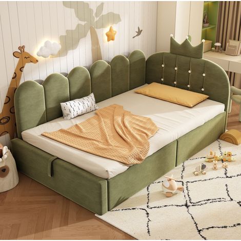 DESVIAE Lit de jour rembourré 90 x 200 cm avec rangement hydraulique lit d appoint en forme L velours vert tête de lit couronne et grillage sommier à lattes en métal réversible (1/5)