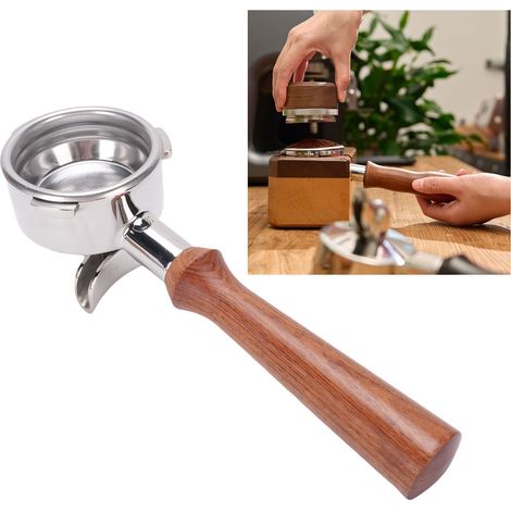 Siebträger + Premium-Siebträger + 58 mm + Doppeldosen-Siebträger + Kompatibel mit allen 58-mm-Kaffeemaschinen, Doppelauslauf-Siebträger aus Edelstahl mit Holzgriff.