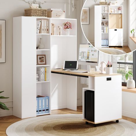 Bureau pliant 2-en-1 avec rangement, bibliothèque et bureau – Prise USB intégrée, étagères réglables, anti-basculement – Blanc – Bureau d'angle ou bureau mural (montage à gauche)