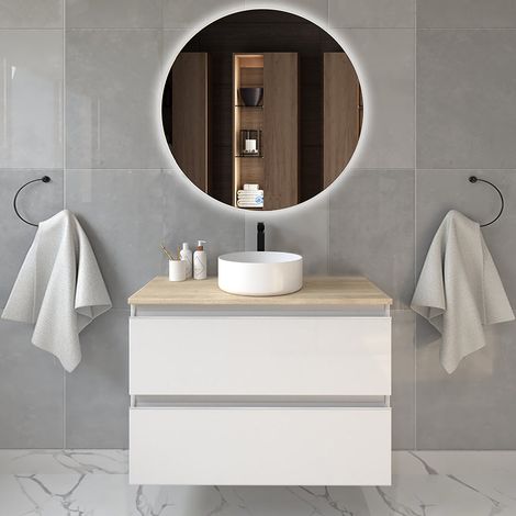 Meuble de salle de bain avec vasque à poser ronde - blanc - BALEA et miroir rond Led SOLEN - 80cm (1/5)