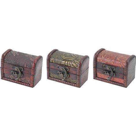 HMF Schmuckkästchen aus Holz, kleine Schatztruhe mit dekorativem Vintage-Schloss zur Schmuckaufbewahrung oder als Ringbox zur Verlobung oder Hochzeit, Verschiedene Muster, 3er Set, 8 x 5 x 6 cm (1/4)