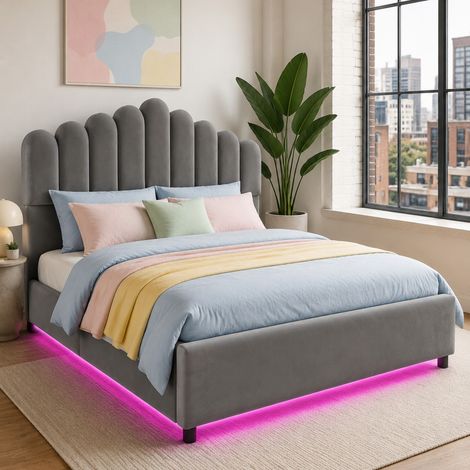 Letto contenitore 180x200 cm con sollevamento idraulico, LED, velluto grigio DESVIAE (1/5)