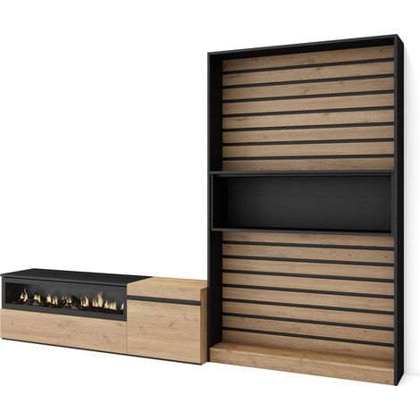 Skraut Home - Muebles de Salón para TV, Conjunto de muebles comedor, 260x186x35cm, Para TV hasta 65", Chimenea eléctrica, Estilo Moderno, Roble y negro (1/5)