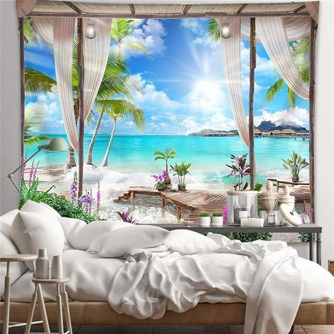 200x150cm Turquoise Ocean Wall Tapestry Beach Wall Hanging Blanket Tropical Island Landscape from Balcony Tapestries Decoration (1/5)