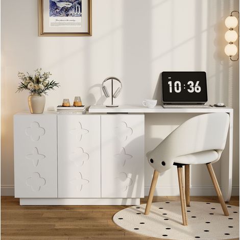 Bureau pivotant 360° 110 cm avec rangement, pieds en métal et étagères réglables en hauteur, blanc (1/5)