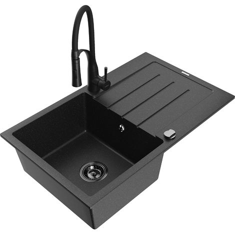 Mexen Bruno lavello in granito a 1 vasca con sgocciolatoio e rubinetto da cucina Aster, nero/argento metallizzato (1/5)