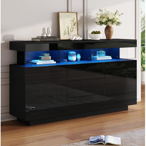 MEUBLIV Buffet de rangement 140x35x80 cm noir brillant – LED, 3 tiroirs, 2 portes (1/5)