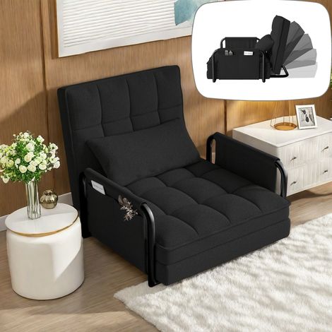 Verstellbarer Relaxsessel mit 5 Positionen, mit Armlehnen und Lendenkissen – Umwandelbarer Liegestuhl in ein Schlafsofa, weicher Plüschbezug – Schwarz