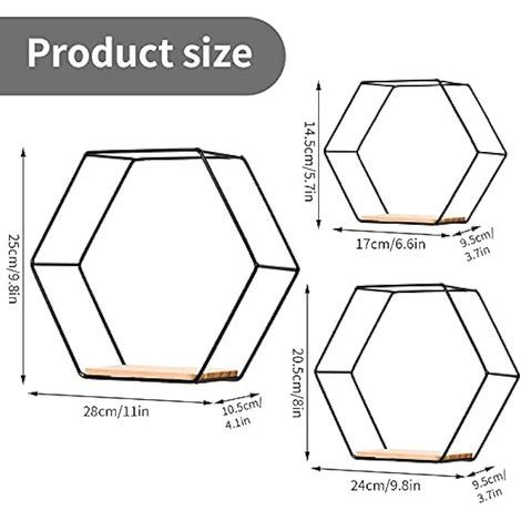 Set of 3 Hexagon Wall Shelves, Metal and Wood, for Kitchen Shelf, Bathroom, Bedroom, Wall Decor (Black)