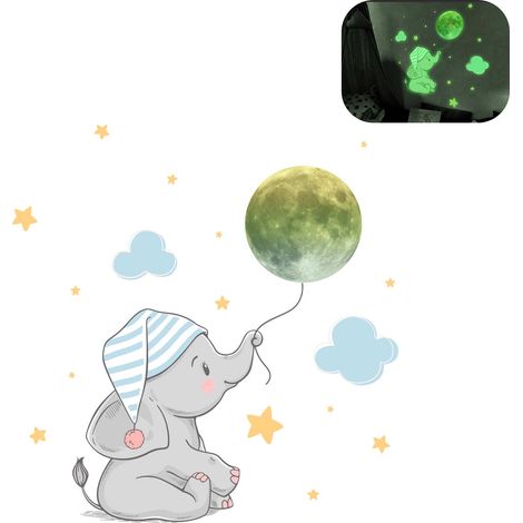 Decoraciones luminosas para pared: pegatinas fosforescentes de PVC, juego de 4 piezas para armar (elefante bebé, astronauta, estrella, luna). (1/5)