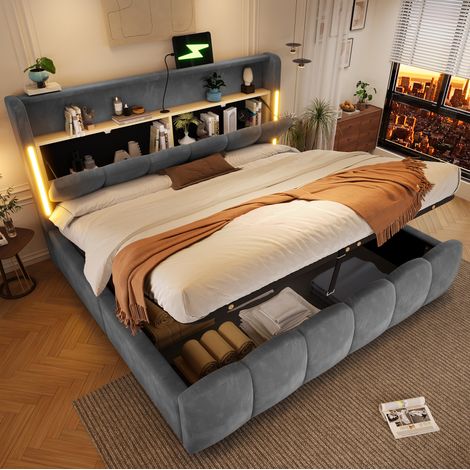 Letto contenitore 180 x 200 cm con LED, USB-C e vano contenitore, velluto grigio OKMYHOME (1/5)