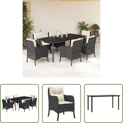 Gartenstuhl - 7-tlg. Garten-Essgruppe mit Kissen Schwarz Poly Rattan (1/5)