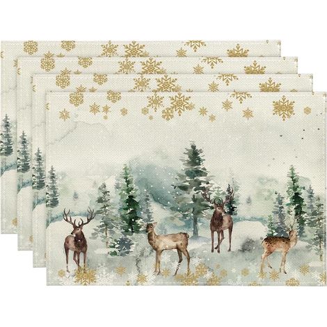 Noël Lot de 4 Sets de Table Napperons en Lin Lavables Pin élan Flocons de Neige Décor de Vacances Lavables Joyeux Noël Sets de Table pour Saisonnier Cuisine Table 45 x 30cm (1/5)